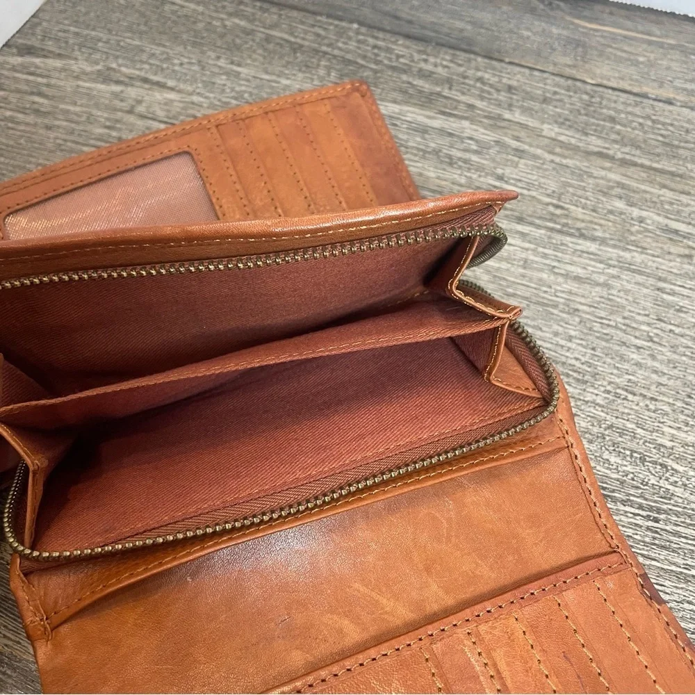 Tan Woven Leather Wallet with Artisanal Texture. Preowned. Spot on bottom.